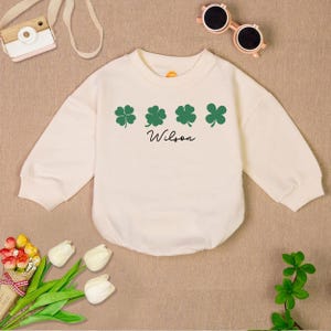 Custom St Patrick&#39;s Day Baby Romper Sweater, St Patrick Shamrock Baby Bodysuit, Lucky Clover Baby Romper, 1St St Patricks Day Romper