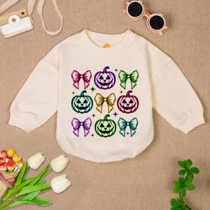Coquette Halloween Baby Romper Sweatshirt, Halloween Pumpkin Baby Romper, Halloween Ghost Baby Bodysuit, Spooky Halloween Baby Outfit