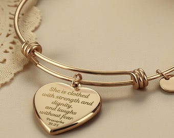 Faith Bangle For Women, Engraved Bible Verse Bracelet, Proverbs 31:25 Jewelry Gift, Inspirational Christian Bangle, Gift For Her