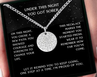 Custom Sobriety Star Map Necklace, Personalized Addiction Recovery Jewelry, Sobriety Gift for Milestones, Cuban Coin Necklace For Him