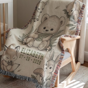 Woodland Nursery Decor Baby Blanket, Personalized Name Blanket, Baby Shower Favors, Forest Animals Baby Gift, Woodland Baby Keepsake