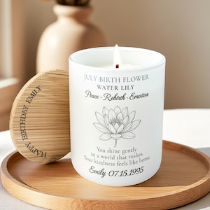 July Birthflower Gift Candle, Personalized Water Lily Candle for Her, Custom Name Birthday Gift, Minimalist Floral Soy Candle