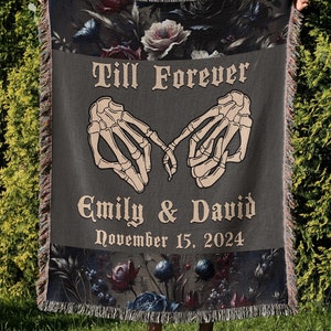 Gothic Wedding Blanket, Skeleton Anniversary Tapestry, Personalized Goth Throw, Custom Couple Decor, Till Death Blanket Gift