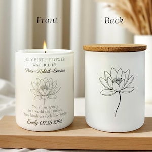 July Birthflower Gift Candle, Personalized Water Lily Candle for Her, Custom Name Birthday Gift, Minimalist Floral Soy Candle