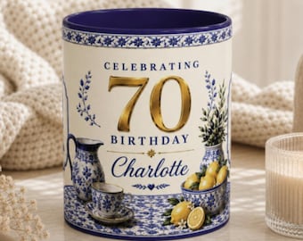Personalized 70th Birthday Mug, Custom Name Coffee Cup, Blue White Floral Mug, 70 Years Loved Gift for Her, Mom Grandma