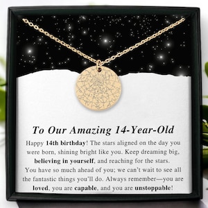 Halskette zum 14.Geburtstag für Mädchen, Halskette zum 14.Geburtstag, Sternenkarte Anhänger, personalisierter Schmuck, himmlisches Andenken