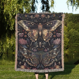 Celestial Moth Blanket Woven Tapestry Dark Cottagecore Decor Mystical, Cottagecore Decor Butterfly, Dark Academia Woven Tapestry
