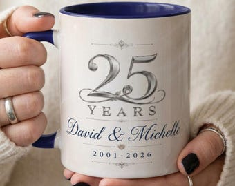 25th Anniversary Mug Personalized Gift for Couple, 25 Years Together Mug, Silver Anniversary Gift, Custom Names Wedding Mug