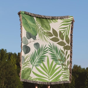 Tropical Leaves Woven Blanket, Jungle Boho Throw, Boho Home Decor, Botanical Cotton Blanket, Green Leaf Blanket, Nature-Inspired Gift