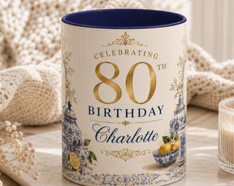 Personalized 80th Birthday Mug for Her, Custom Name Coffee Cup, Blue Floral Lemon Mug, 80 Years Loved Gift for Mom Grandma