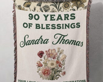 Personalized 90th Birthday Gift For Women - Custom Woven Throw Blanket For 90 Year Old Mom, Grandma, Her - 90th Celebration Keepsake