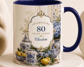 Personalized 80th Birthday Mug for Her, Custom Name Coffee Cup, Blue Floral Lemon Mug, 80 Years Loved Gift for Mom Grandma