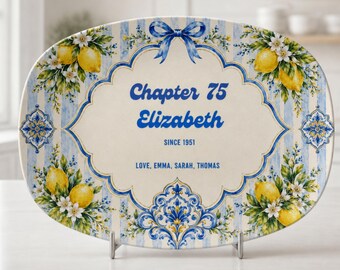Personalized 75th Birthday Gift, Custom Serving Platter for Grandma, 75 Years Loved Plate, Blue Toile Birthd