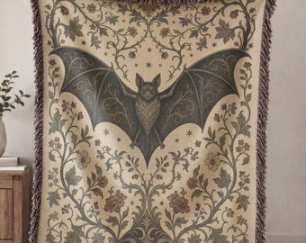 Gothic Bat Blanket, Dark Academia Woven Throw, Vintage Halloween Decor Blanket, Cottagecore Bat Tapestry