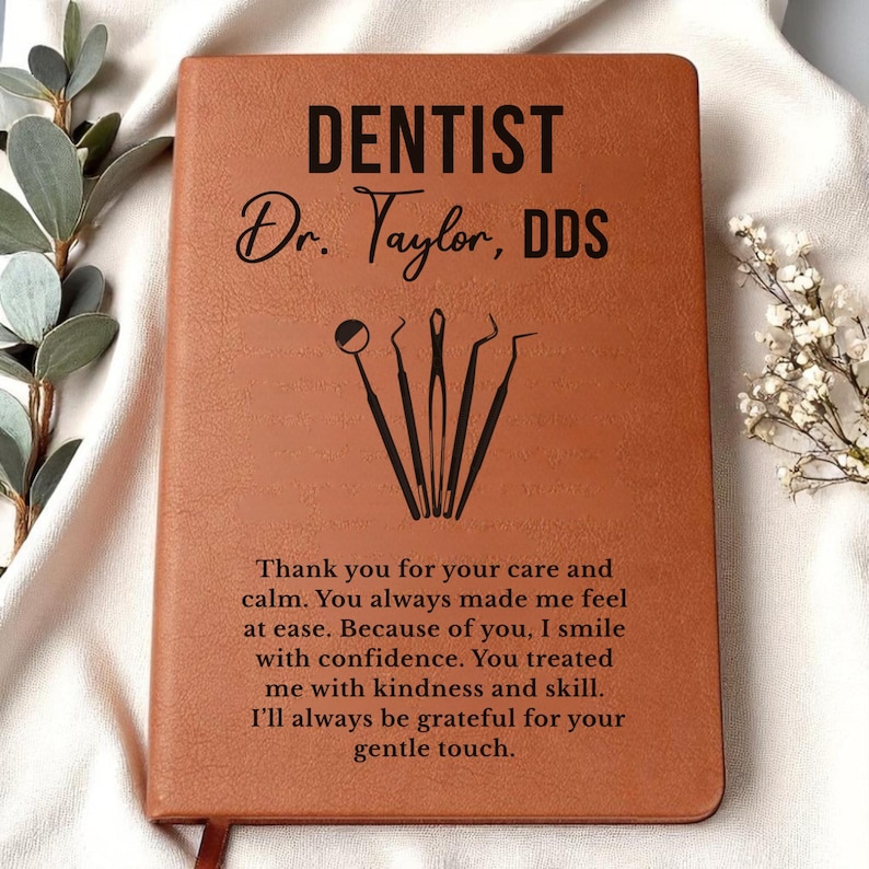 Custom Leather Journal Gift for Dentist, Dental Tools Illustration, Personalized Notepad, Dentist Appreciation, Office or Graduation Gift image 1