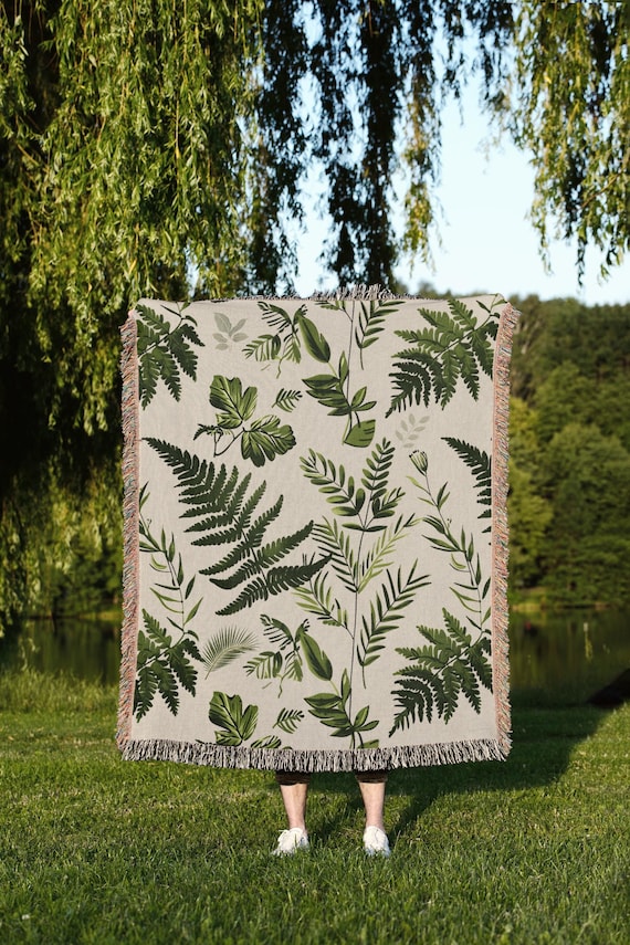 Botanical Blanket Cotton Throw: Green Woven Fern Leaf Nature Decor, Boho Plant Lover Accessory