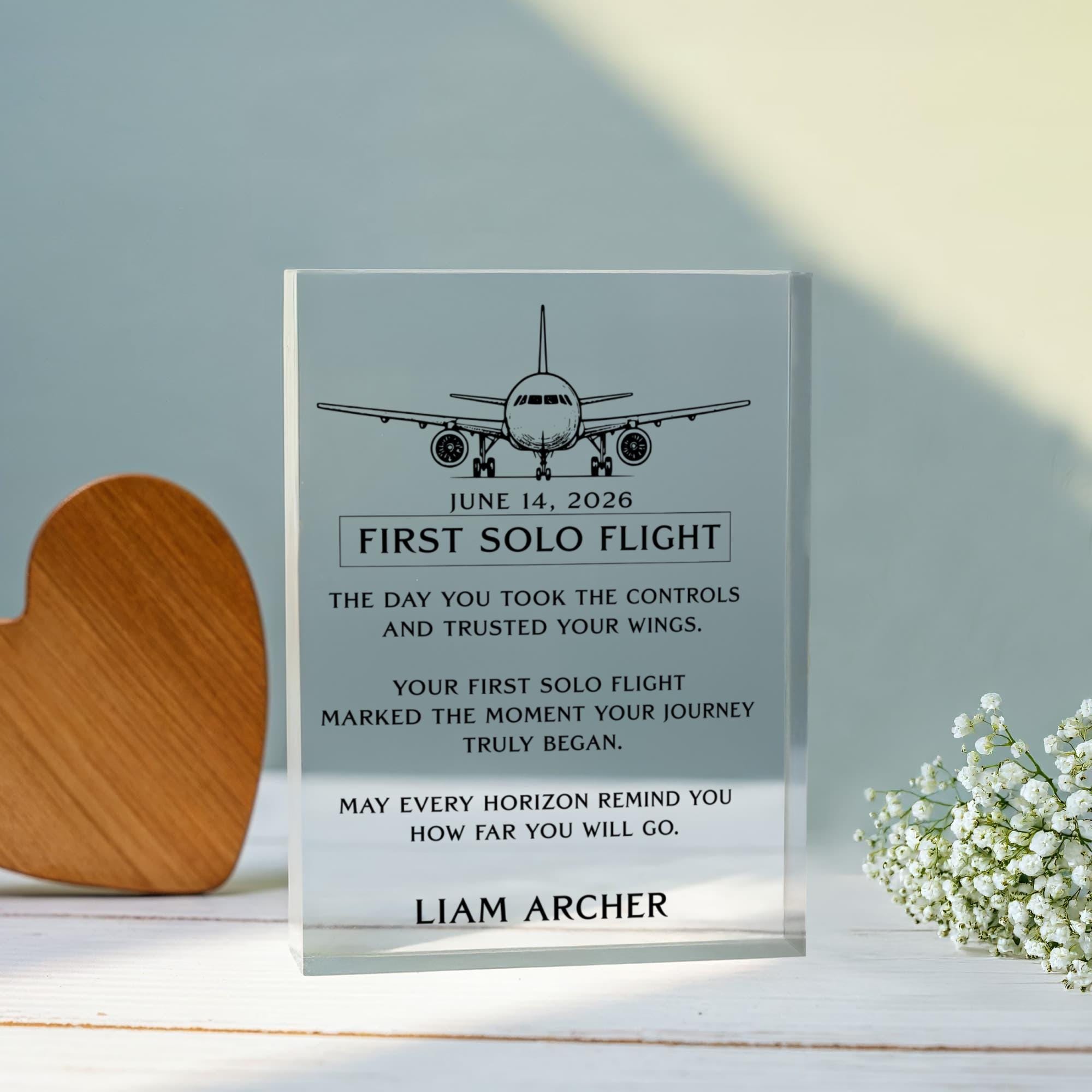 First Solo Flight Gift Personalized Acrylic Block, Student Pilot