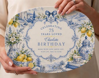 Personalized 75th Birthday Gift, Custom Serving Platter for Grandma, 75 Years Loved Plate, Blue Toile Birthday Keepsake for Her