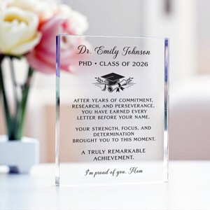 Personalized PhD Graduation Gift, Custom Doctor Acrylic Plaque, Class of 2026 Grad Keepsake, Dr Graduation Gift image 2