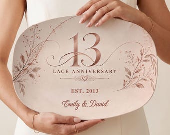 Personalized 13th Lace Anniversary Platter, Custom Wedding Anniversary Gift for Couple, Floral Serving Tray, 13 Years Together Keepsake