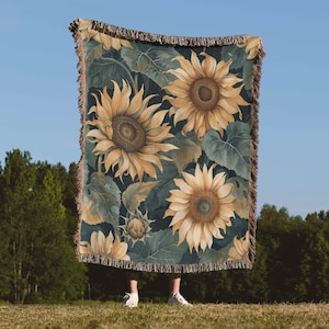 Sunflower Flower Woven Blanket Throw, Sunflower Tapestry Blanket, Country Home Decor