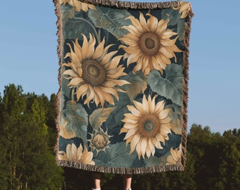 Flower Woven Tapestry Throw Blanket, 100% Cotton Reversible Sunflower Blanket, Housewarming Gift