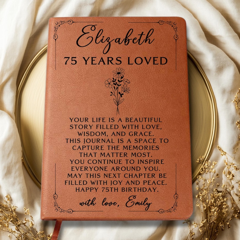 75th Birthday Journal, Personalized 75th Birthday Gift for Her, Custom Name Notebook, Keepsake Memory Book, Milestone Birthday Present image 1
