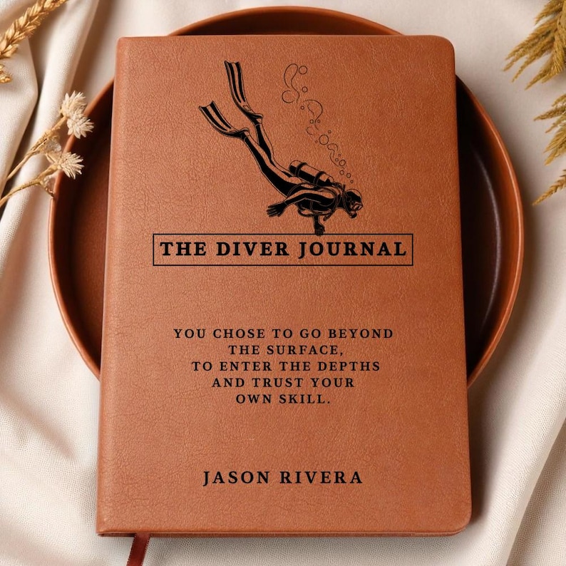 Personalized Diver Journal, Scuba Diving Logbook Gift for Men, Custom Leather Notebook for Diver, Dive Log, Swim Coach, Ocean Lover Gift image 1