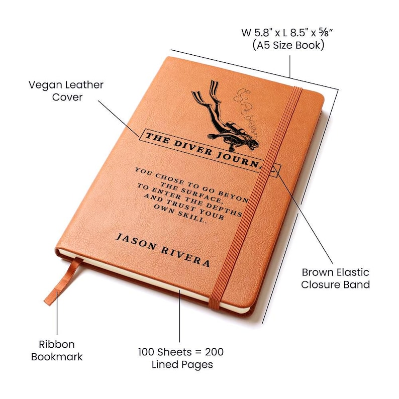 Personalized Diver Journal, Scuba Diving Logbook Gift for Men, Custom Leather Notebook for Diver, Dive Log, Swim Coach, Ocean Lover Gift image 9