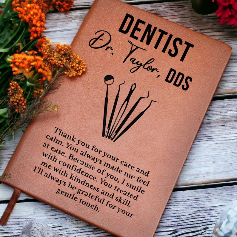 Custom Leather Journal Gift for Dentist, Dental Tools Illustration, Personalized Notepad, Dentist Appreciation, Office or Graduation Gift image 2
