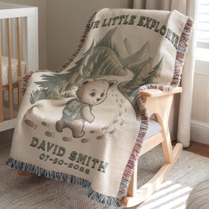 Hiking Baby Blanket, Our Little Explorer Blanket, Personalized Bear Baby Blanket, Outdoor Adventure Baby Shower Gift, Camping Baby Blanket