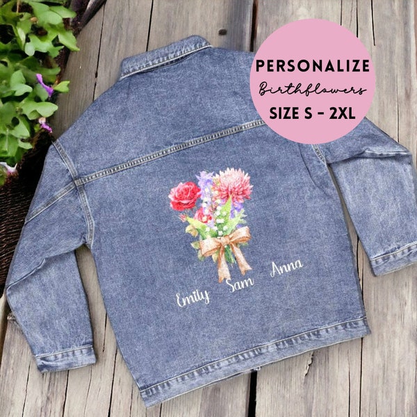 Birth Flowers Personalized Oversized Women's Denim Jacket With Names, Custom Birth Month Flowers For Mom, Gift For Grandma