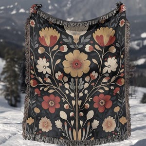 Scandinavian Folk Art Woven Blanket, Nordic Floral Throw Blanket, Dark Cottagecore Blanket, Norwegian Art Blanket