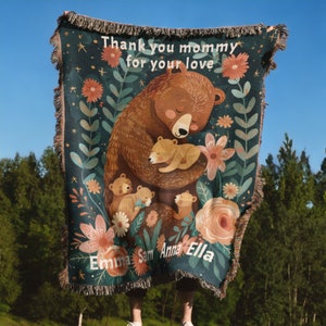 Gift For Mom Personalized Woven Blanket: Mothers Day Present From Kids, Mama Bear Woven Throw, Unique Thoughtful Meaningful Birthday