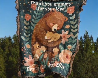 Gift For Mom Personalized Woven Blanket: Mothers Day Present From Kids, Mama Bear Woven Throw, Unique Thoughtful Meaningful Birthday