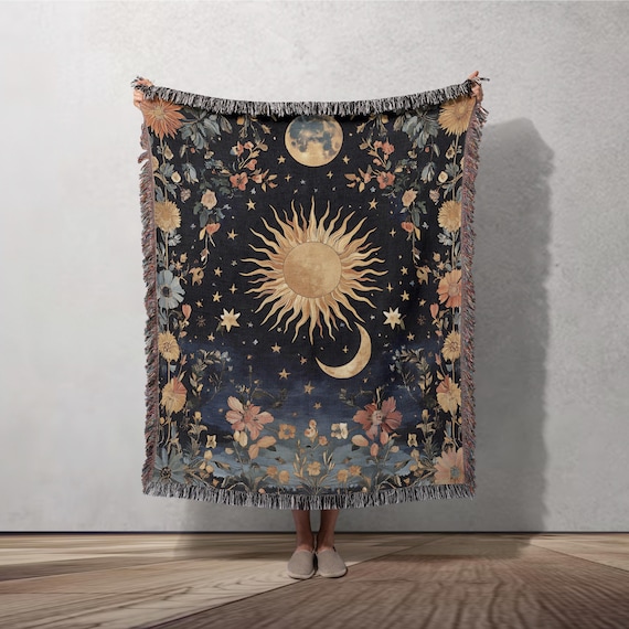 Celestial Sun Moon Blanket, Mystical Cosmic Decor Throw, Boho Floral Woven Blanket, Vintage Ethereal Tapestry, Unique Boho Home Decor