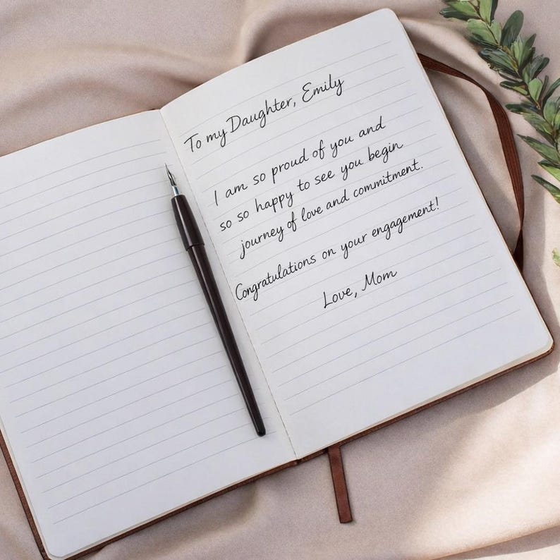 May include: Open notebook with lined pages and a handwritten message in black ink. The message reads, "To my Daughter, Emily...Congratulations on your engagement! Love, Mom." A dark pen rests on the left page. The notebook has a brown leather cover.