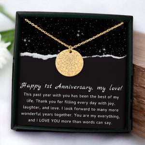 Regalo de primer aniversario para ella Collar con mapa estelar personalizado por fecha, regalo de primer aniversario de bodas, aniversario lésbico para ella
