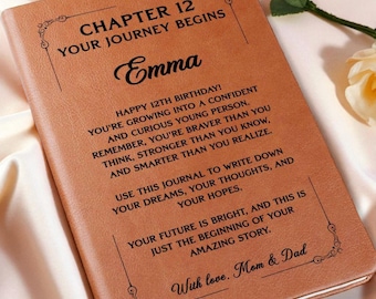 12th Birthday Gift for Girl, Personalized Chapter 12 Leather Notebook, Custom Name Birthday Keepsake from Mom and Dad