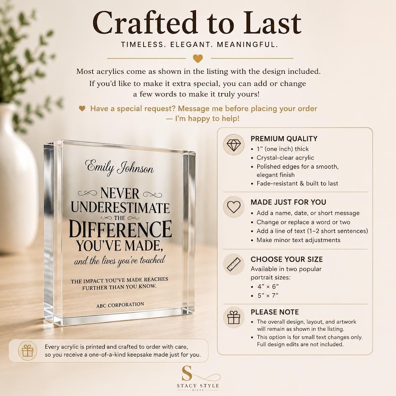 Personalized Difference Maker Plaque, Custom Coworker Appreciation Gift, Acrylic Thank You Award for Mentor Leader Employee