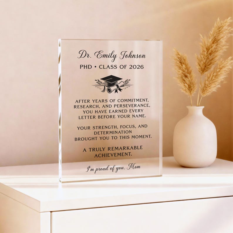 Personalized PhD Graduation Gift, Custom Doctor Acrylic Plaque, Class of 2026 Grad Keepsake, Dr Graduation Gift image 4