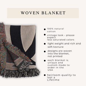 Botanical plant woven blanket with green fern and leaf print on cream, fringed edge.