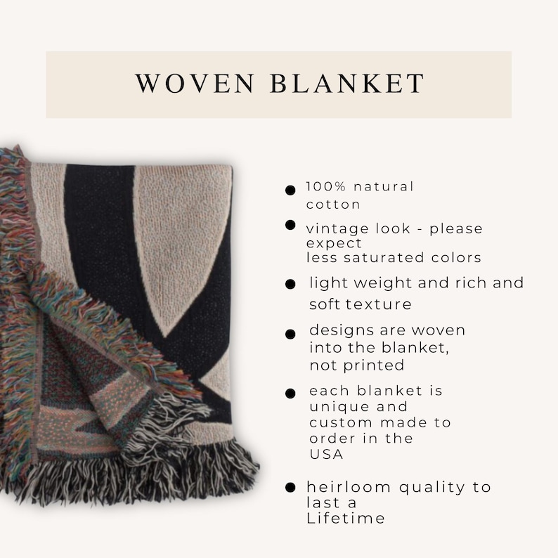 Botanical plant woven blanket with green fern and leaf print on cream, fringed edge.