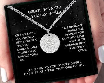 Custom Sobriety Star Map Necklace, Personalized Addiction Recovery Jewelry, Sobriety Gift for Milestones, Cuban Coin Necklace For Him