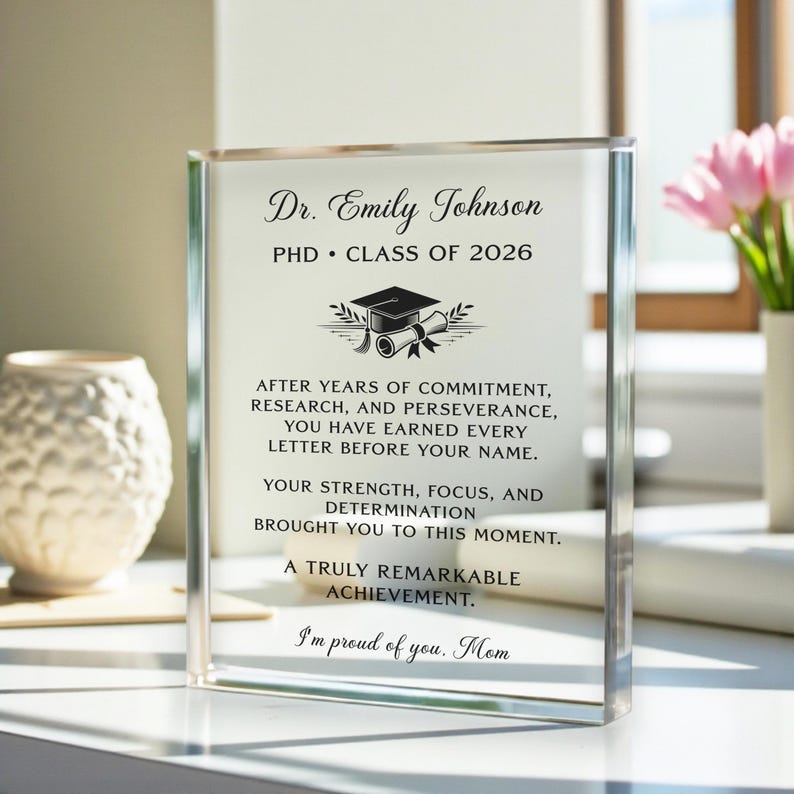 Personalized PhD Graduation Gift, Custom Doctor Acrylic Plaque, Class of 2026 Grad Keepsake, Dr Graduation Gift 5.25" x 7" Portrait