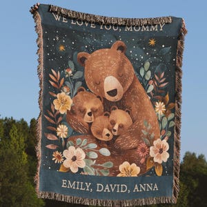 Gift For Mom Personalized Woven Blanket: Mothers Day Present From Kids, Mama Bear Woven Throw, Unique Thoughtful Meaningful Birthday