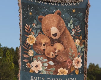 Gift For Mom Personalized Woven Blanket: Mothers Day Present From Kids, Mama Bear Woven Throw, Unique Thoughtful Meaningful Birthday