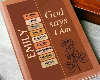 Personalized Leather Journal, God Says I Am Notebook, Bible Verse Gift, Christian Scripture Journal, Faith Gift For Women, Custom Name