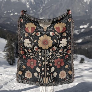 Scandinavian Art Norwegian Folk Art Floral Woven Blanket, Dark Cottage Core Blanket, Nordic Flower Blanket, Gift For Scandinavian Art Lover