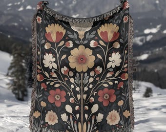 Scandinavian Blanket Floral Woven Throw: Dark Nordic Folk Art Cotton Decor